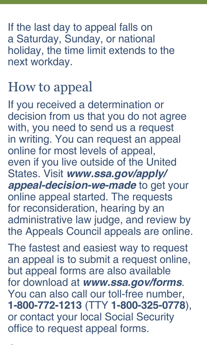 A page from an official Social Security guide titled “How to appeal,” stating an appeal deadline and listing online, downloadable-form, telephone, TTY, and local-office routes.