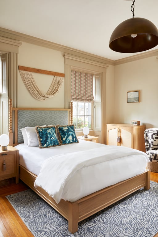 Bright Faraway Nantucket guest room with coastal accents
