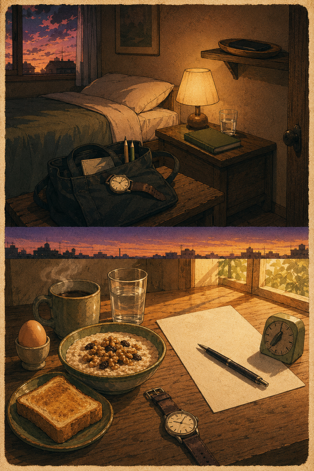 A vintage Japanese instructional poster in two panels. Top panel, Night Before: a calm bedroom at warm twilight with a packed canvas tote bag, analog watch, folded voucher, sharp pencils, a closed matcha-green notebook, a glass of water, a warm ochre bedside lamp, and a smartphone placed on a high shelf away from the bed. Bottom panel, Morning Of: a kitchen counter in bright golden morning sun with a bowl of oatmeal with walnuts, a soft-boiled egg, toast, a steaming coffee mug, a glass of water, and a sheet of plain paper with a pen resting across it next to a small kitchen timer — the 10-minute expressive-writing intervention made visible. A soft twilight-to-dawn gradient band with distant rooftop silhouettes bridges the panels. A pinnable visual companion to the test-week protocol.