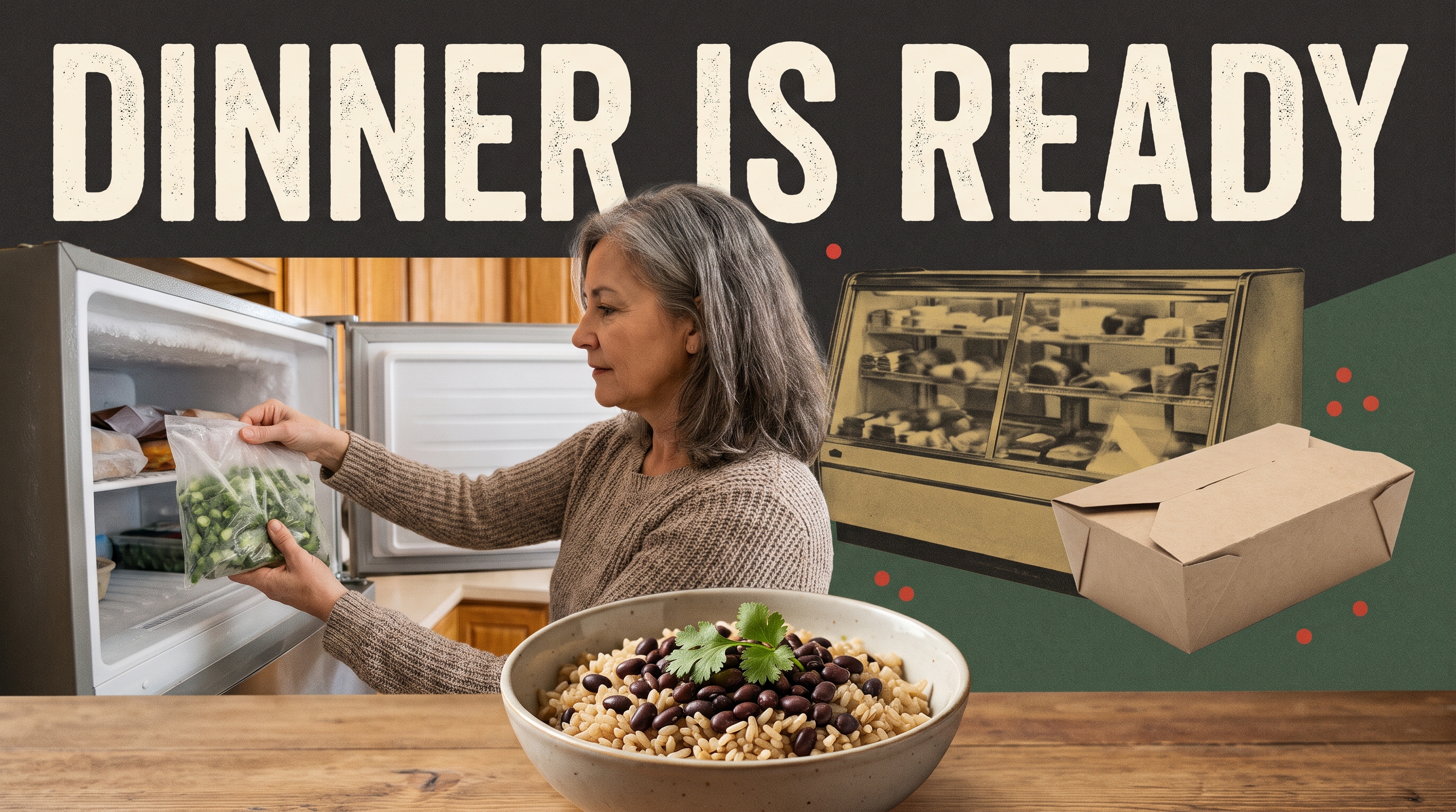 Illustrative documentary collage: DINNER IS READY