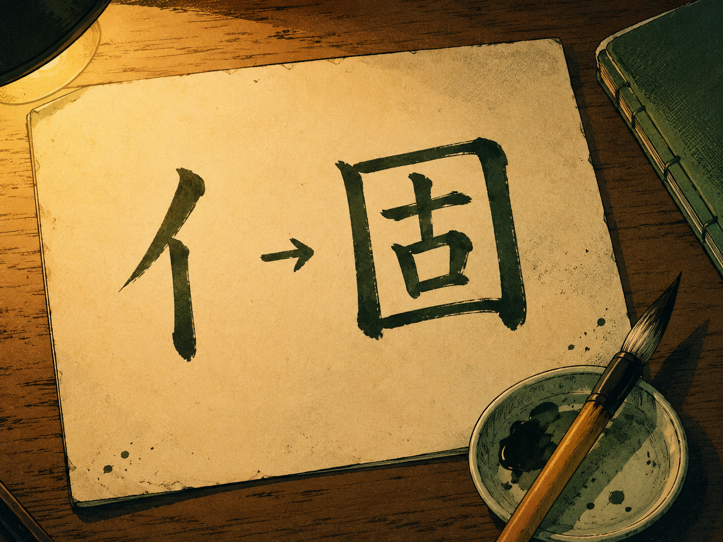 A breakdown of the kanji 個: 人偏 (にんべん, person radical) on the left, 固 (こ, firm/hard) on the right — a person standing next to something firm and discrete.
