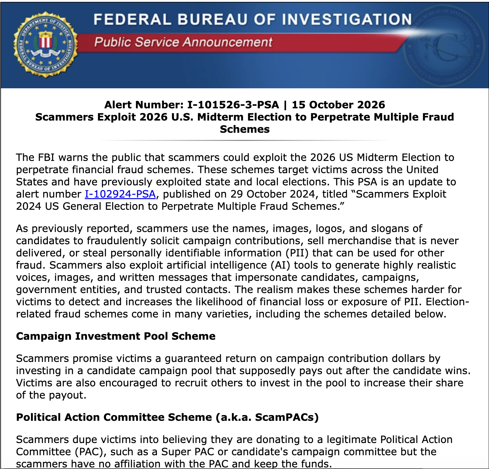 A smartphone showing a text message that urges the reader to tap a link to fix an incomplete voter registration, one of the scam types described in an FBI public service announcement