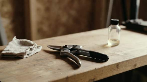 Cleaning and oiling hand pruners on a workbench