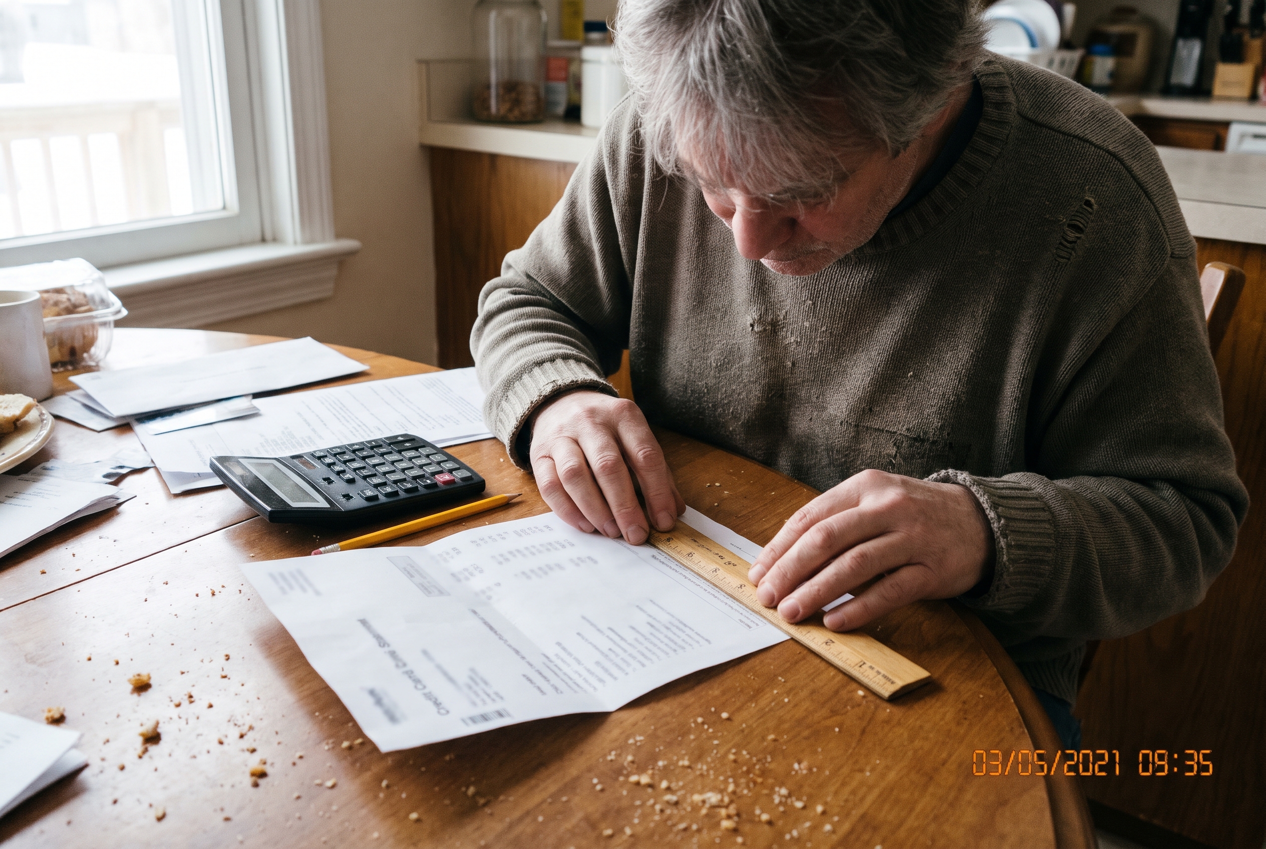 A man reads a credit-card statement with a calculator nearby.