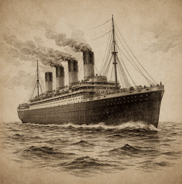 Vintage-style steamship at sea with smokestacks and calm waves, no text, no people