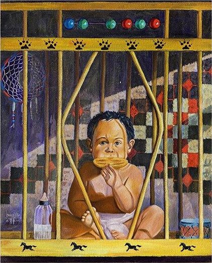 Painting of a baby sitting inside a wooden cage, holding a cookie in their mouth, with a bottle and toy on either side, and a colorful patterned background