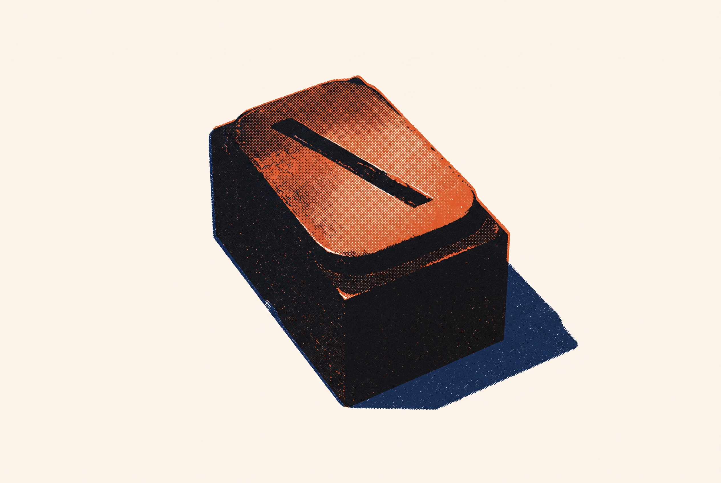 Riso-style illustration of an inked letterpress type block on newsprint