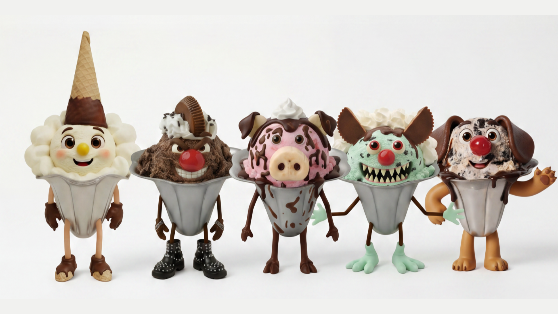 Five sundae-inspired Friendly's Conehead Crew characters.