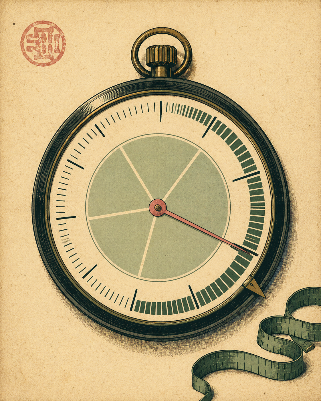 A vintage 1970s Japanese stopwatch dial illustrated as a hand-drawn precision-instrument catalogue page on aged cream paper. The dial fills most of the portrait frame, with a brass-and-deep-green outer bezel, an outer ring of hand-inked matcha-green gradation marks divided into six unequal arcs that progressively widen clockwise, and an inner ring of five sage-green pie wedges. A thin dusty-rose needle sweeps from the center. A small hand-stamped hanko mark sits in the upper-left corner and a coiled matcha-green measuring tape rests in the lower-right.