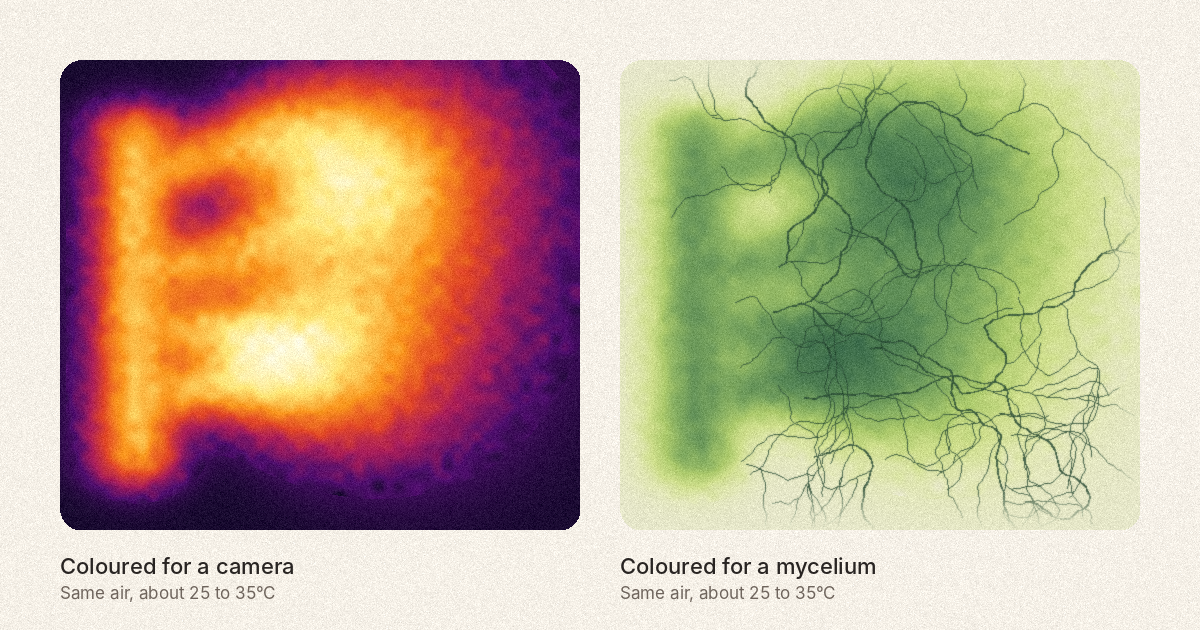 The same field of warm air from a server rack, shown twice. On the left in a thermal camera’s purple, red and yellow; on the right in pale lime and moss green, with fungal threads growing through it.