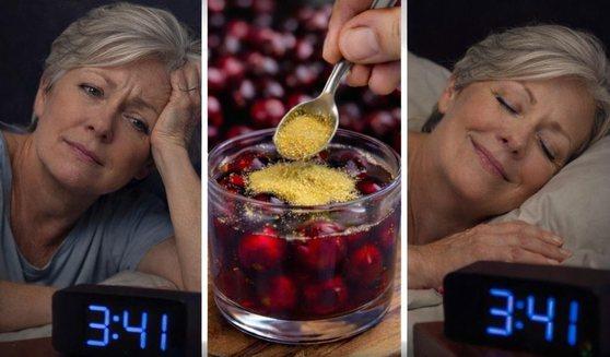 A woman awake at 3:41 a.m., a glass of cherries with powder, and the same woman asleep