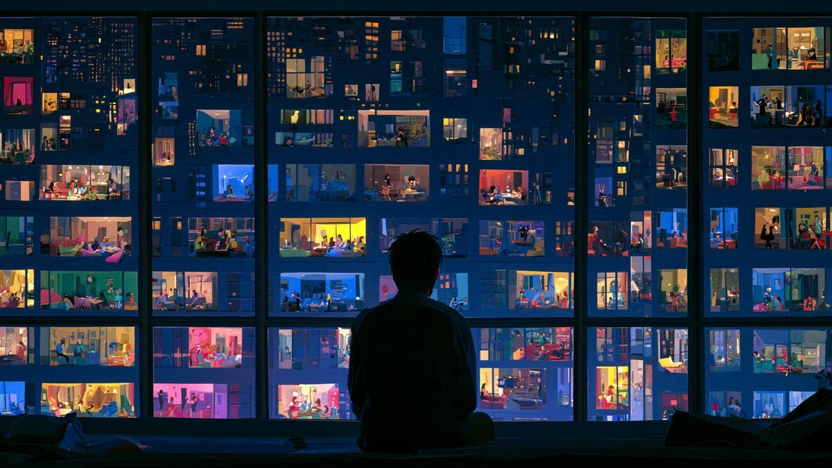 Silhouette of a man looking out at a city of lit apartment windows full of people