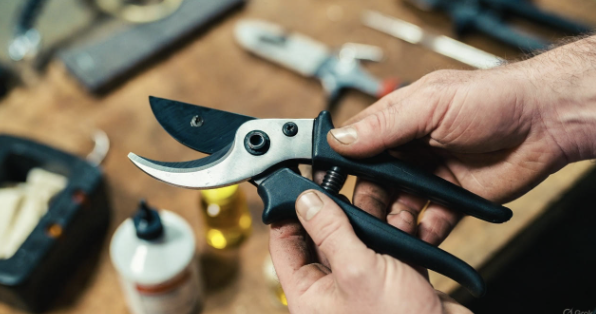 Hands cleaning and oiling garden pruners