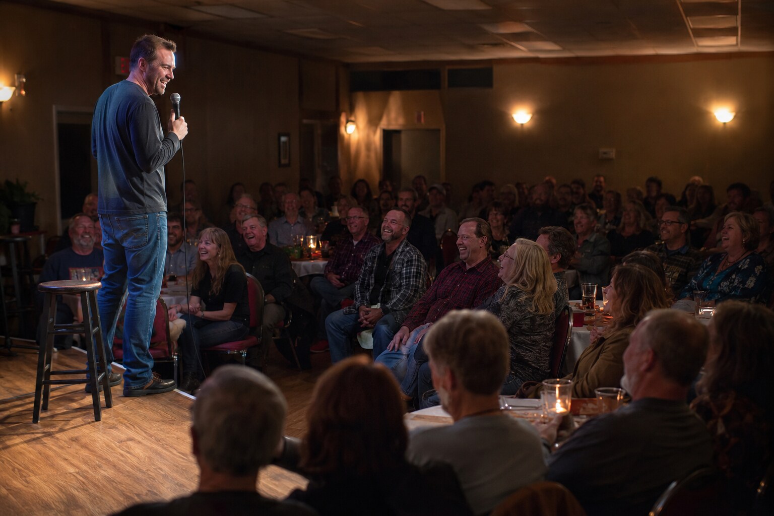 Stand-up comedian performing for a laughing audience in a community legion hall