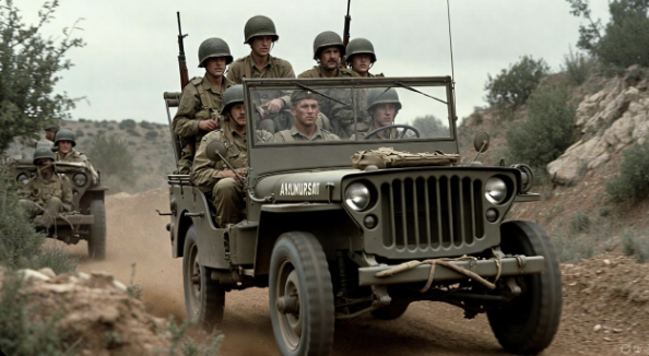 Early American military Jeep in rugged terrain during World War II era