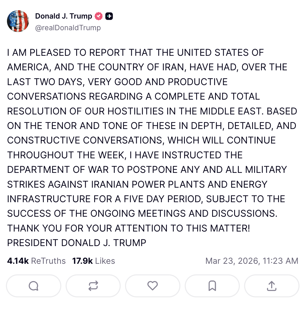 Trump Truth Social post announcing productive talks with Iran and five-day pause on strikes, March 23, 2026
