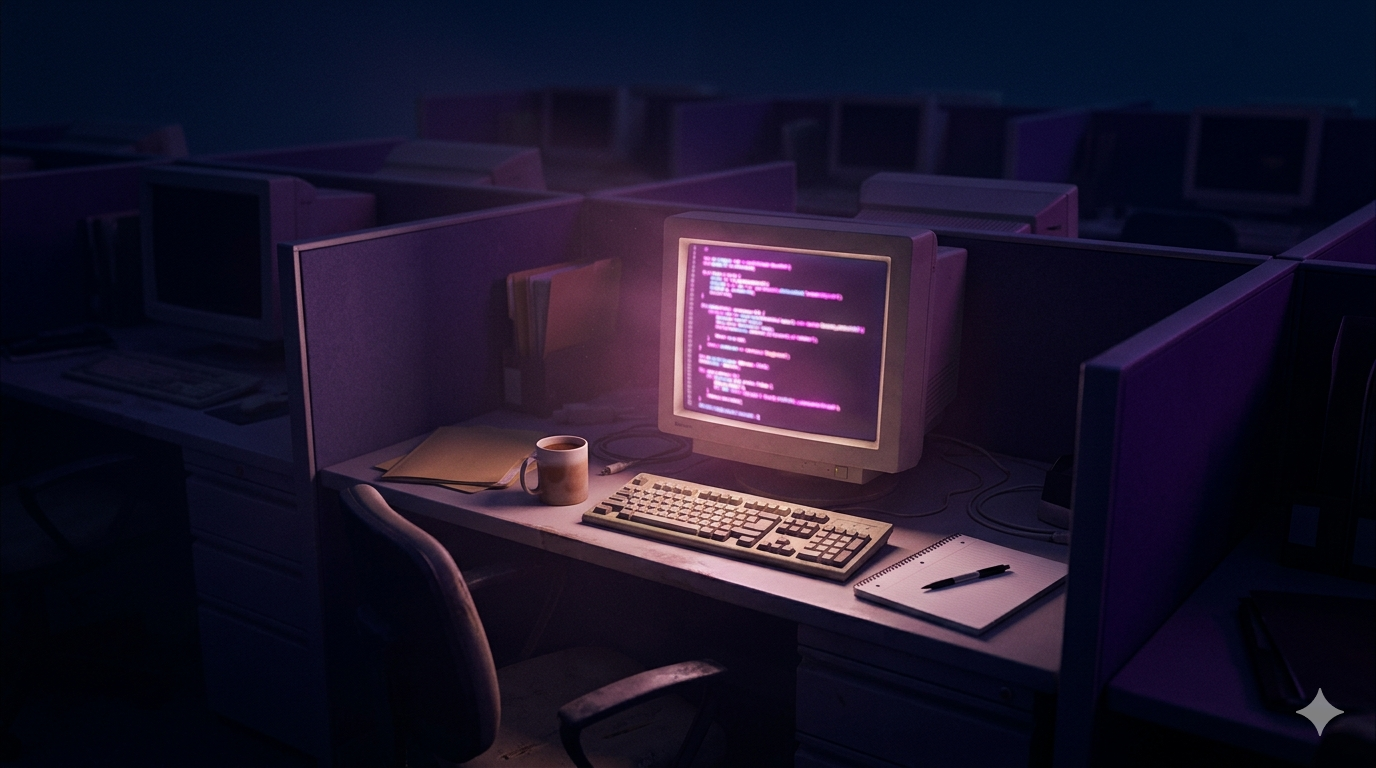 Cubículo de programador iluminado por monitor magenta