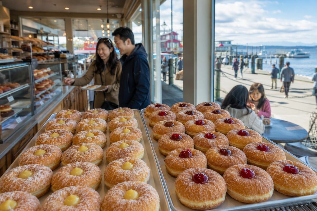 Fresh honey dip and jelly doughnuts in a bright Steveston shop
