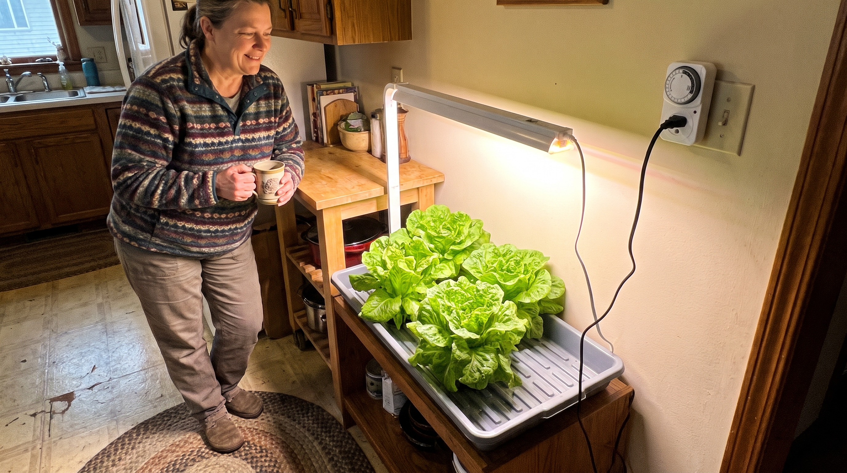 Illustrative household example of fresh indoor greens under a grow light connected to an outlet timer.