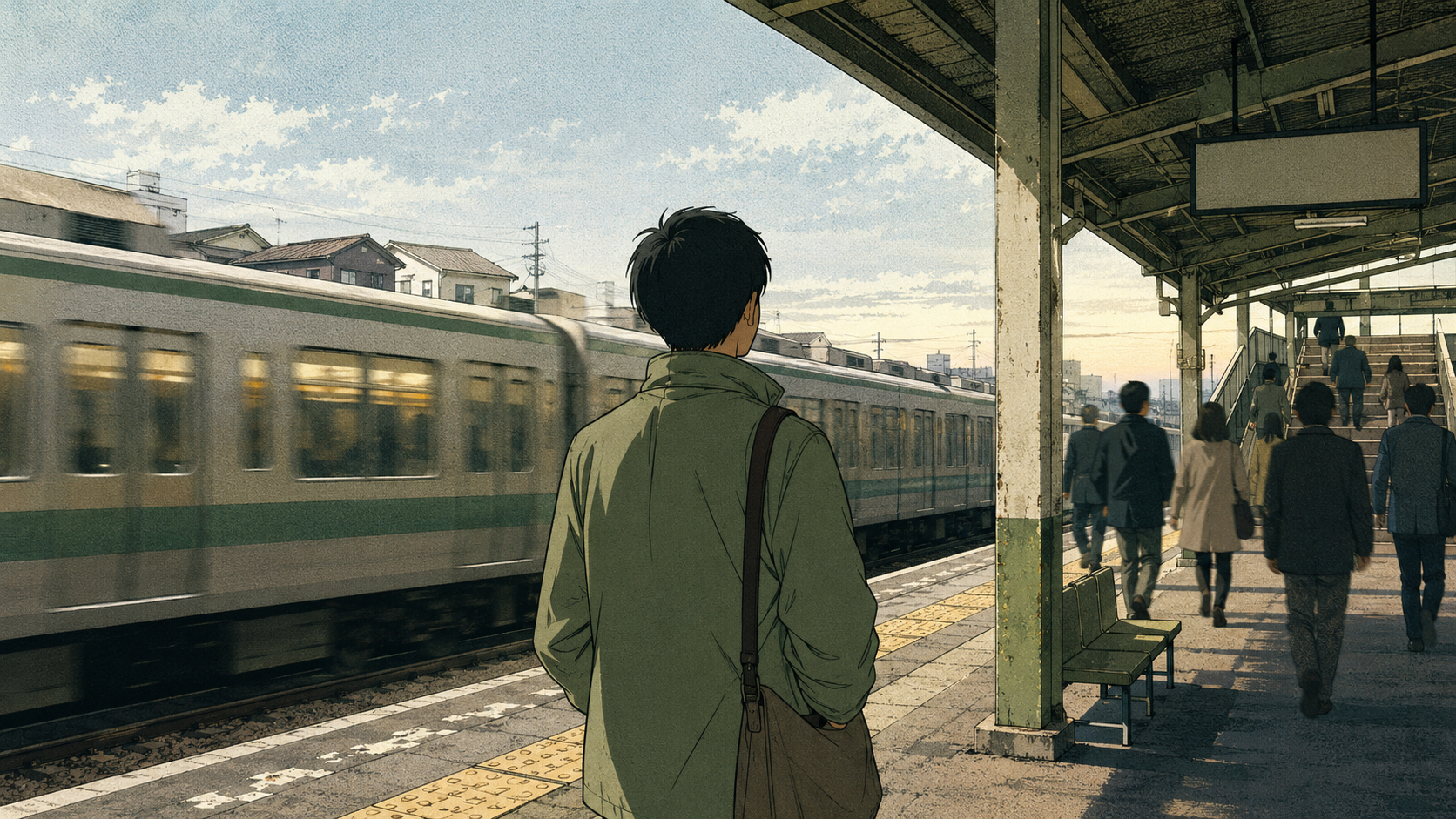 A vintage Showa-era anime view from behind of a single figure in a light matcha-green jacket standing still on an ordinary suburban train platform on a slightly overcast weekday morning that is just clearing. The figure has just stepped off the train, head tilted slightly up toward the pale sky, blinking and readjusting, while other commuters flow past toward the exit stairs. Behind them, a suburban train with doors just closed begins to pull away, a weak pale-gold morning highlight along its window band. Soft cool daylight, low suburban rooftops in the distance — the quiet, unresolved-but-calm feeling of the ordinary morning after a big event.