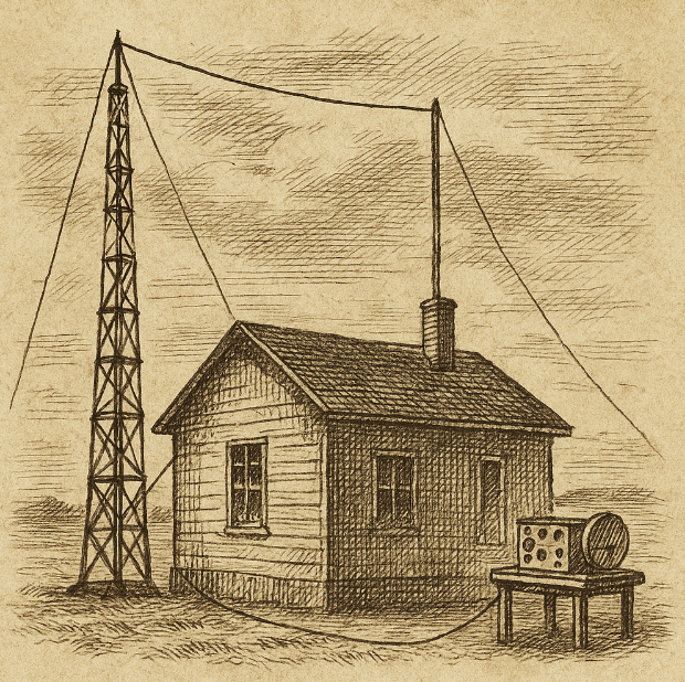 Sepia-toned ink illustration of an early wireless telegraph station with antenna masts and transmitters, cross-hatched shading on aged paper