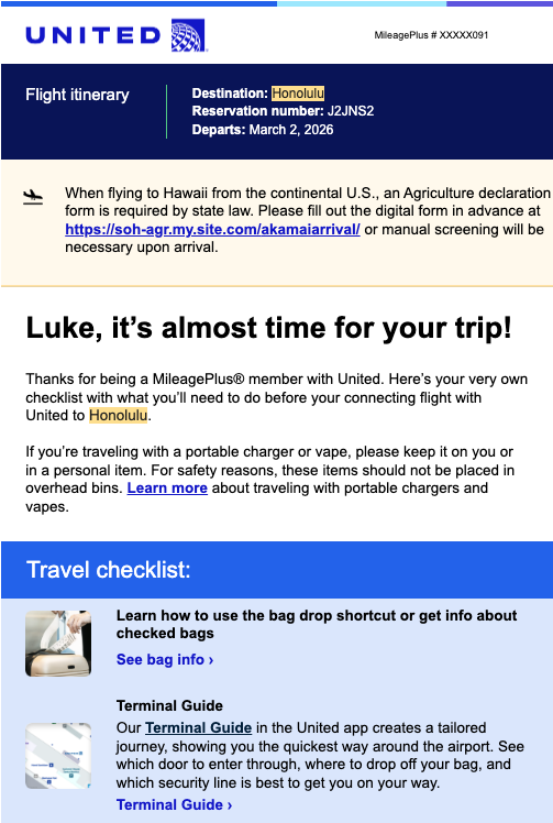 United trip logistics email
