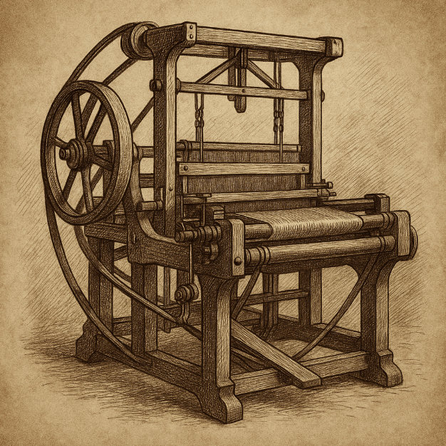 A 19th-century power loom with belt drives and shuttle mechanism