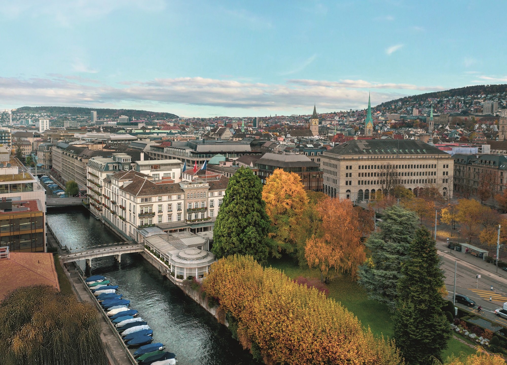 Aerial view of Baur au Lac and its private park in Zurich