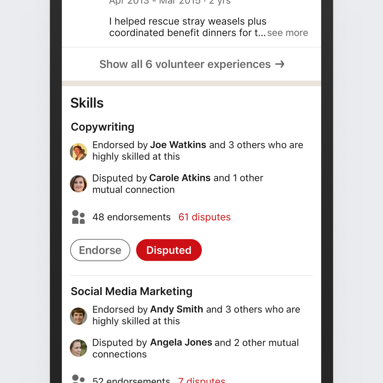 LinkedIn skill dispute feature