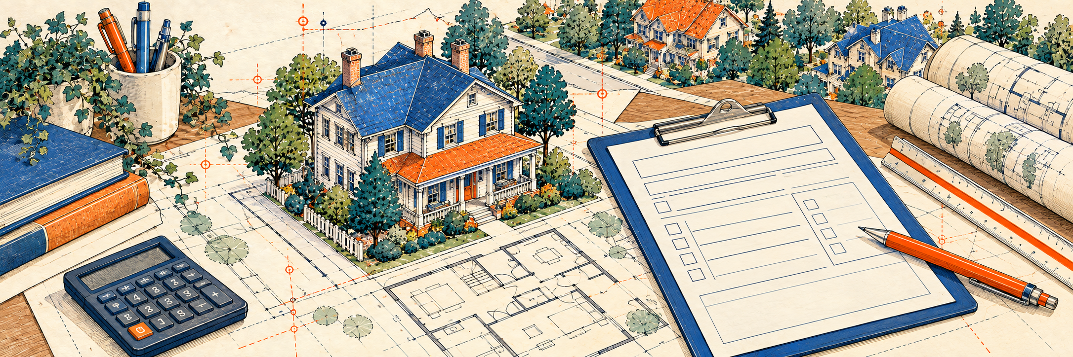 Architectural ink illustration of an appraiser’s desk with a miniature house, plans, calculator, and clipboard.