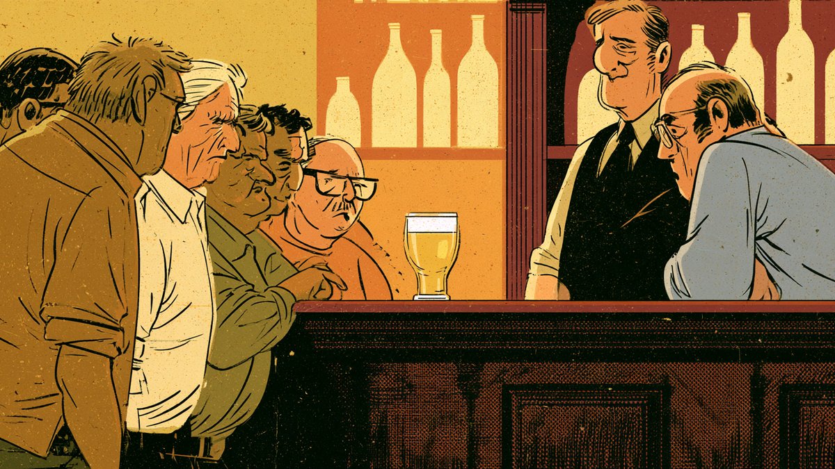 An illustration of a row of older men at a pub bar staring suspiciously at a single pint while the barman looks on