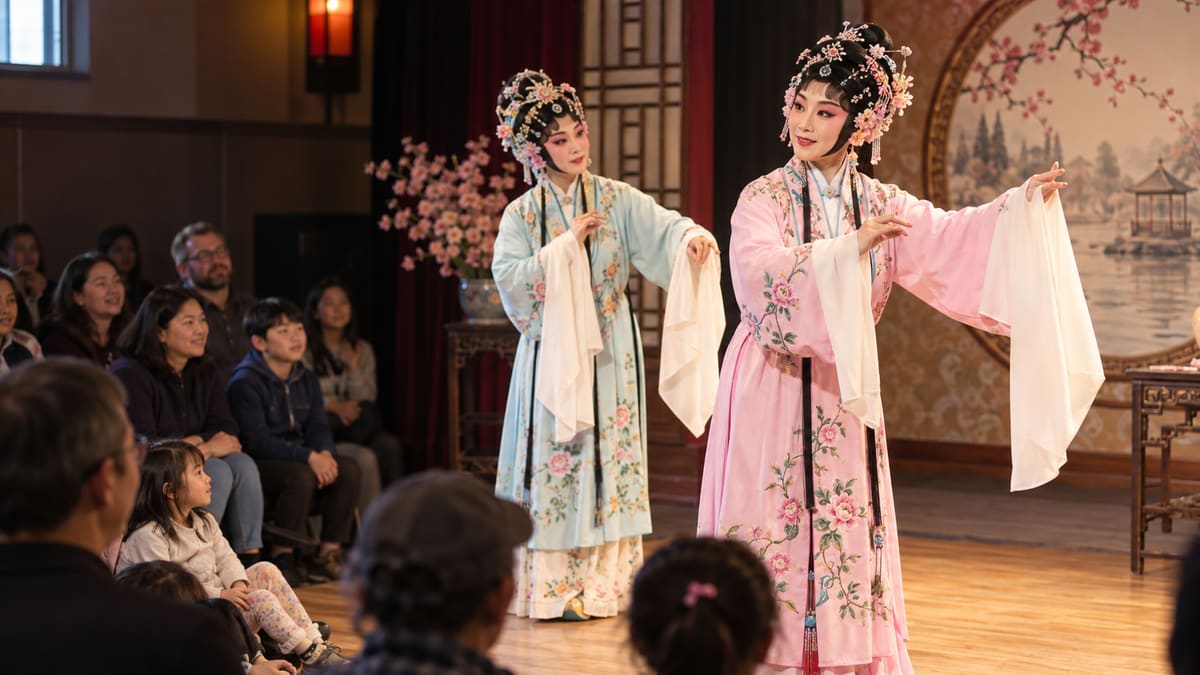Illustration of traditional Yue opera performers at a Richmond BC community cultural encounter