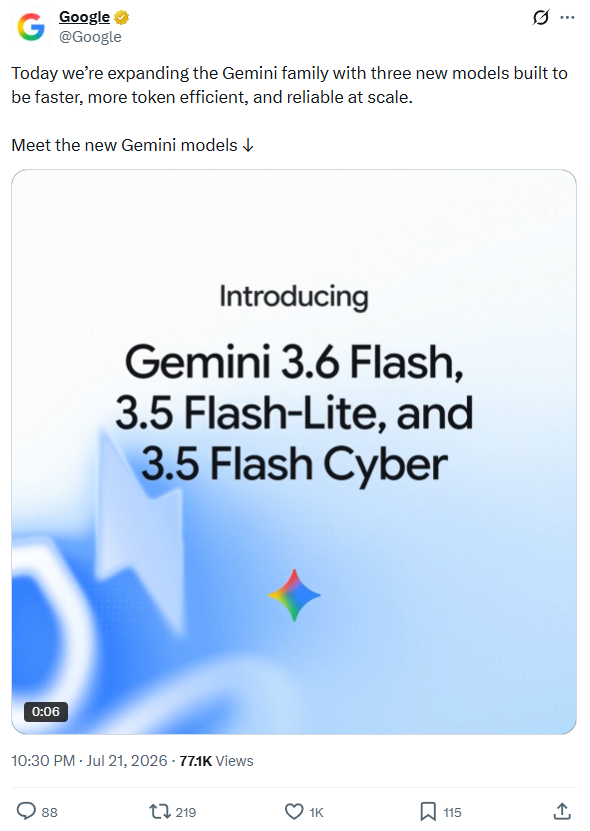 Google's Gemini 3.6 Flash announcement on X