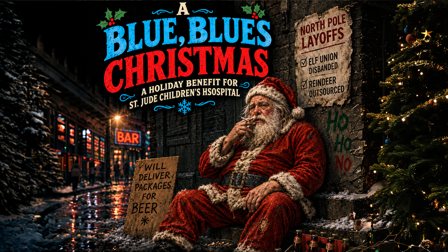 A Blue, Blues Christmas holiday-benefit promotional illustration