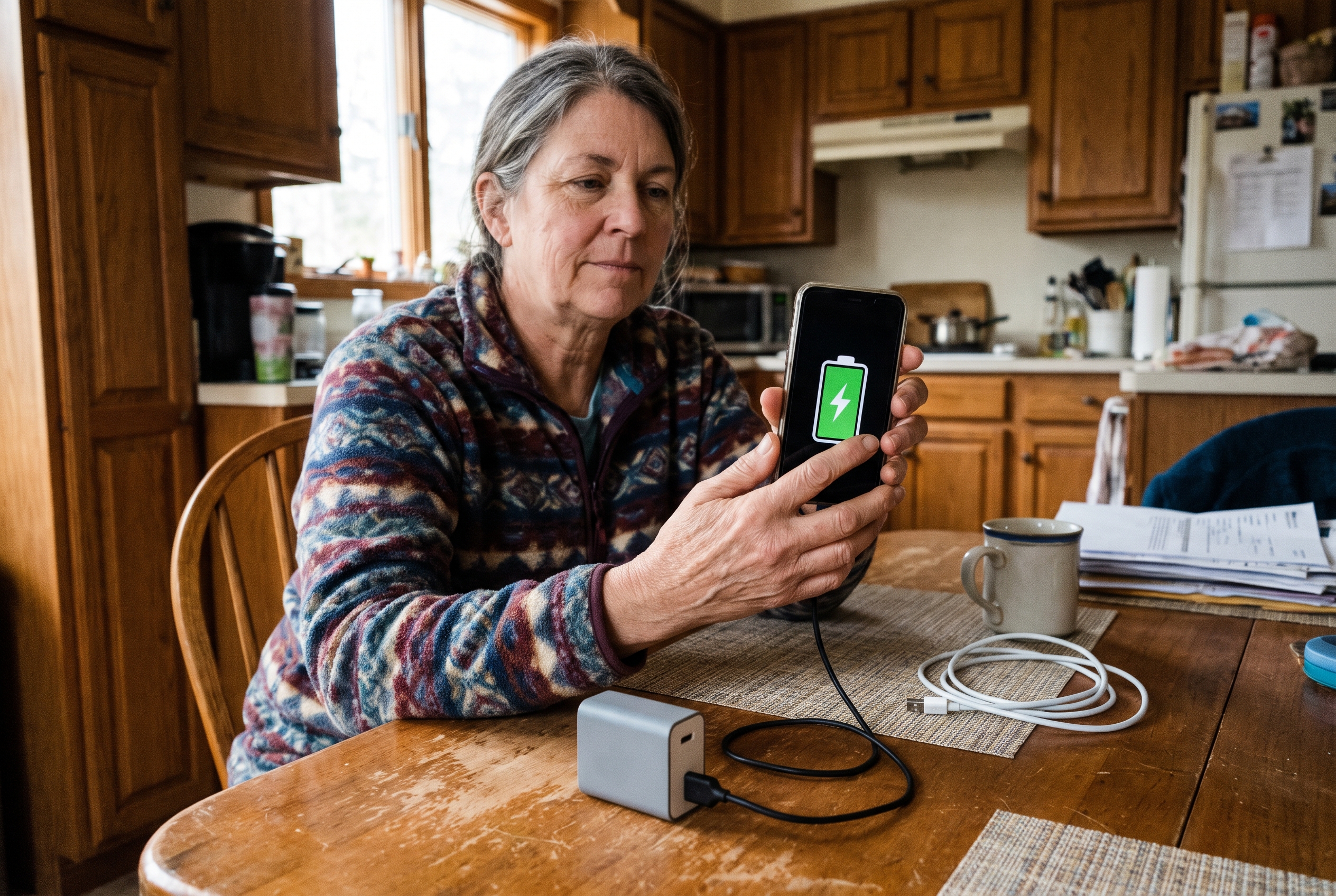 A woman tests her phone with a portable power bank and cable.