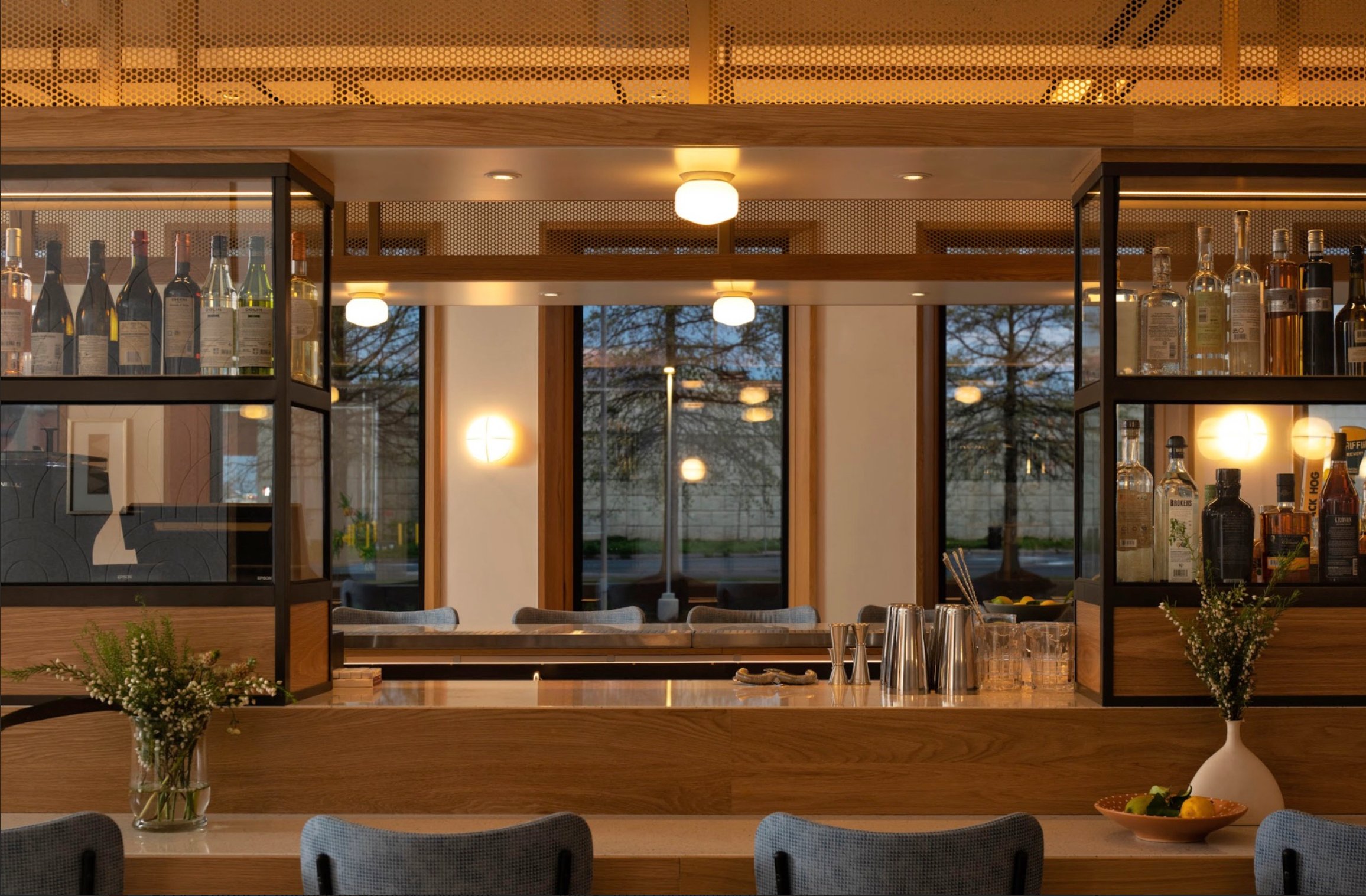 Warm modern lobby bar at Hotel Marcel
