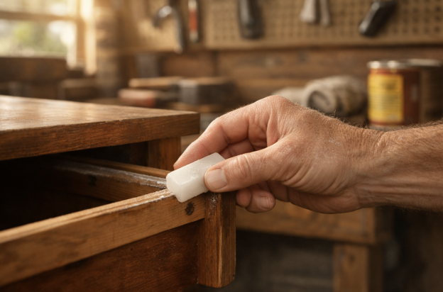 A hand rubbing wax along a wooden drawer runner