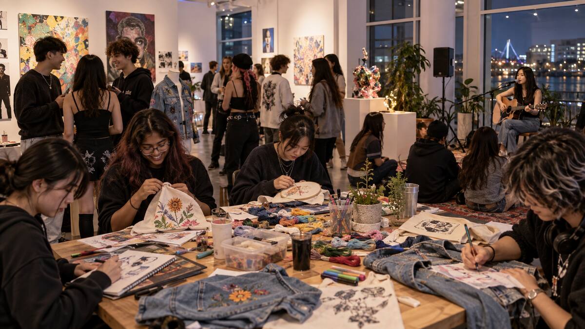 Young people creating wearable art during an evening event at a Richmond art gallery
