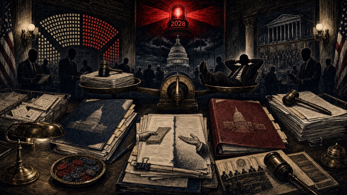 Ballot trays, House and Senate folders, and a red 2028 warning light sit in an election-night count room.
