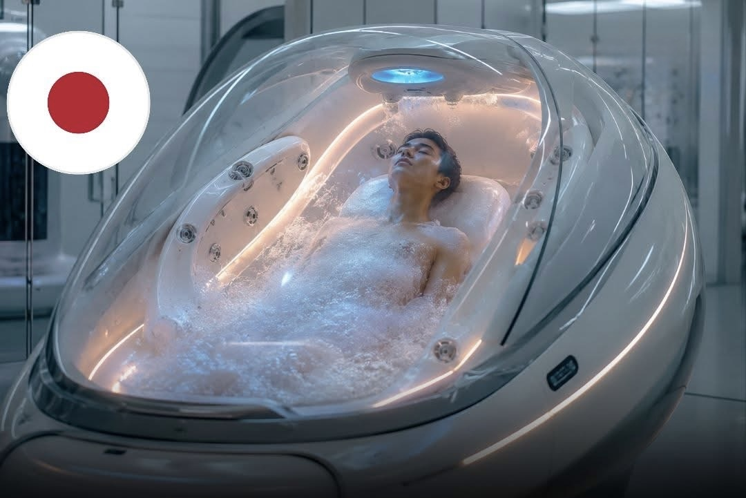 Japanese automated human washing pod filled with water and bubbles
