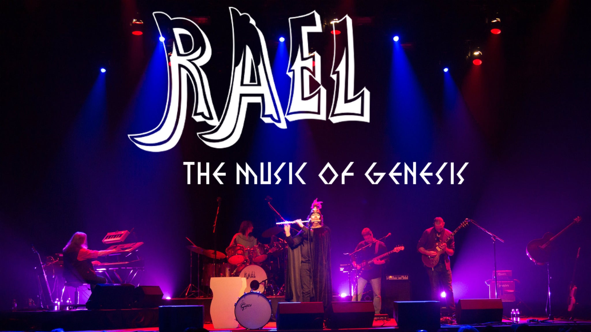 Rael band performing beneath its Genesis tribute logo