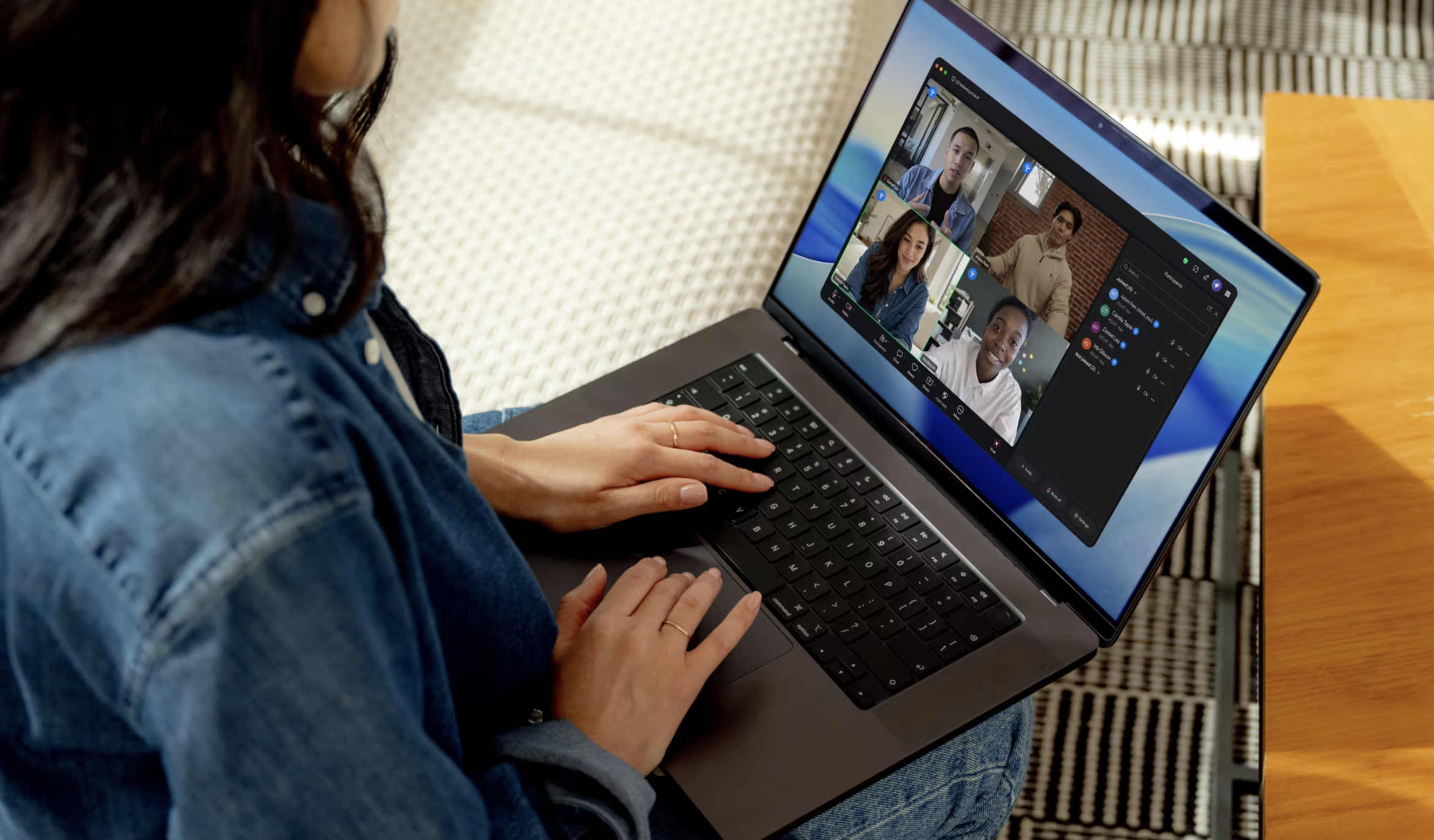 A video-call screen with a small Human Badge on one participant's tile, showing they are a verified real person