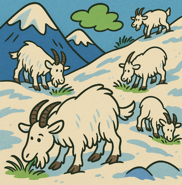 A group of goats grazing on a snowy mountain slope, depicted in a whimsical cartoon - Vibrant colors, cartoon style with exaggerated content. An art style mix of Family Circus and The Jetsons.