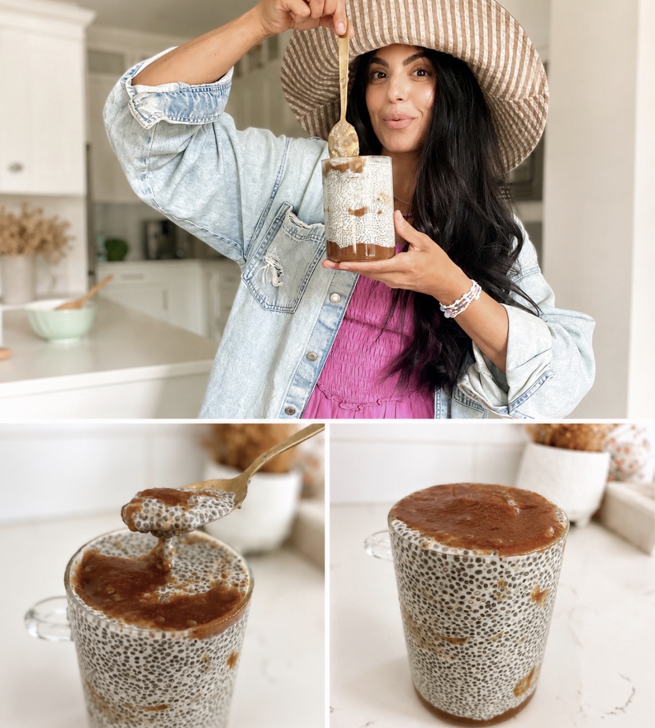 Smiling woman in a sun hat holding a glass of chia pudding with caramel