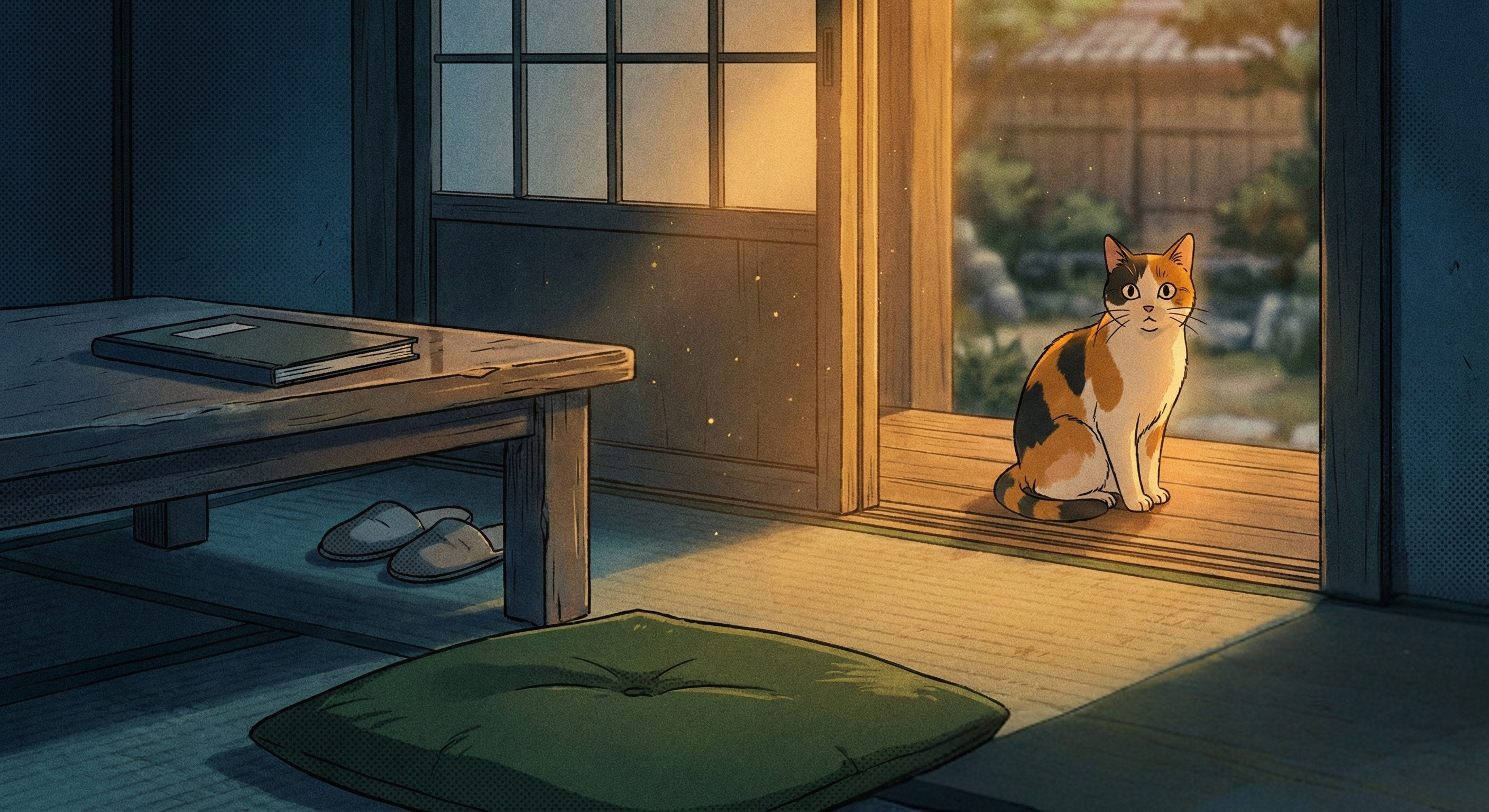 Vintage anime key frame — a cat behind a half-open sliding door