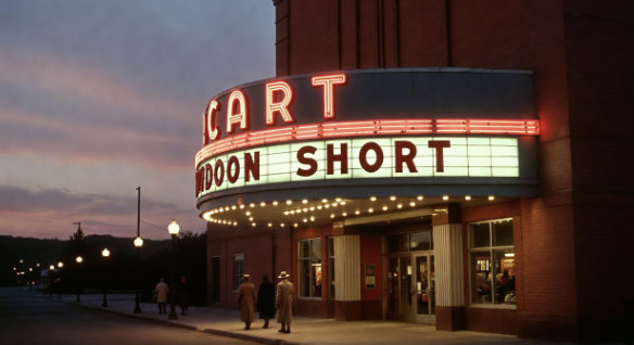 A vintage movie theater marquee with an old cartoon title style