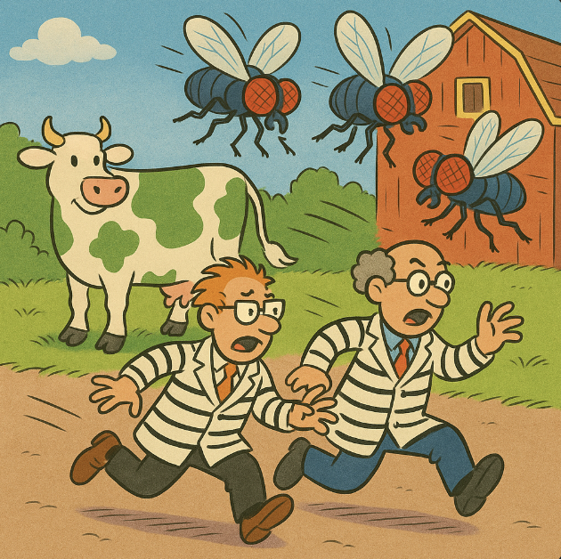 A cartoon of scientists in stripes being chased by oversized flies near a painted cow - Vibrant colors, cartoon style with exaggerated content. An art style mix of Family Circus and The Jetsons.