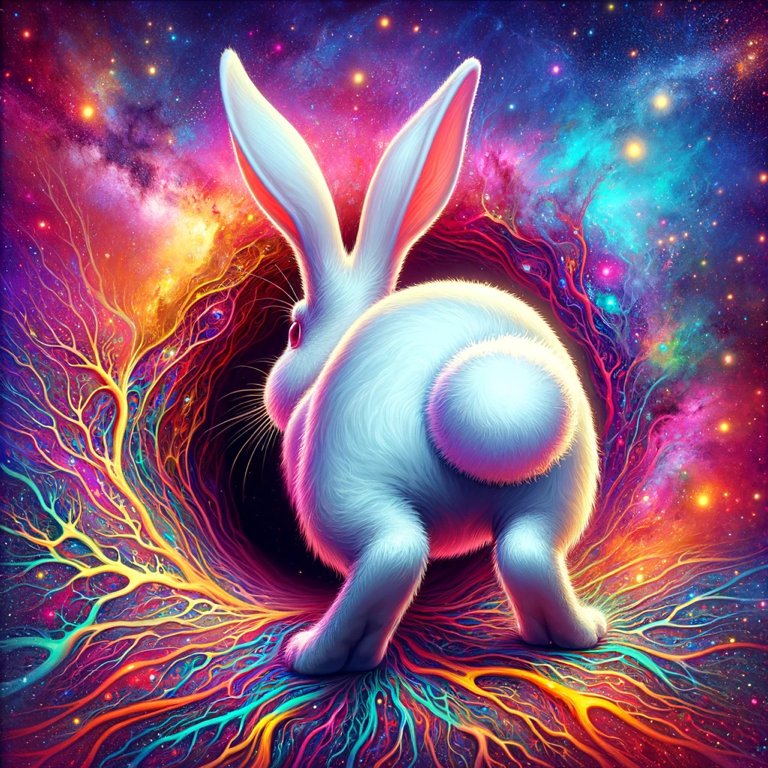 Cosmic white rabbit illuminating a path of orbital quadrants representing the TRIP framework.