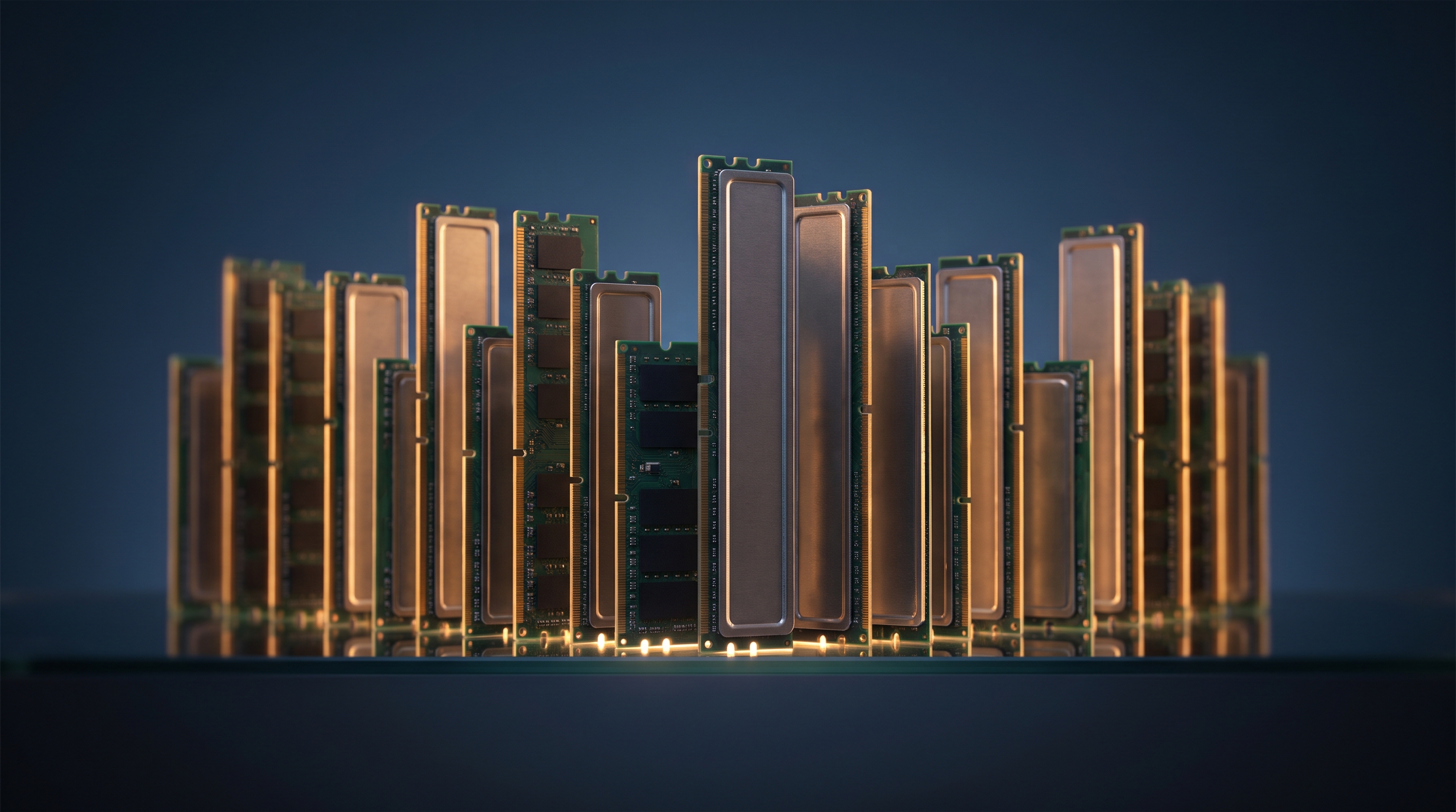 Computer memory modules standing in a row like a skyline, lit in gold against a navy background