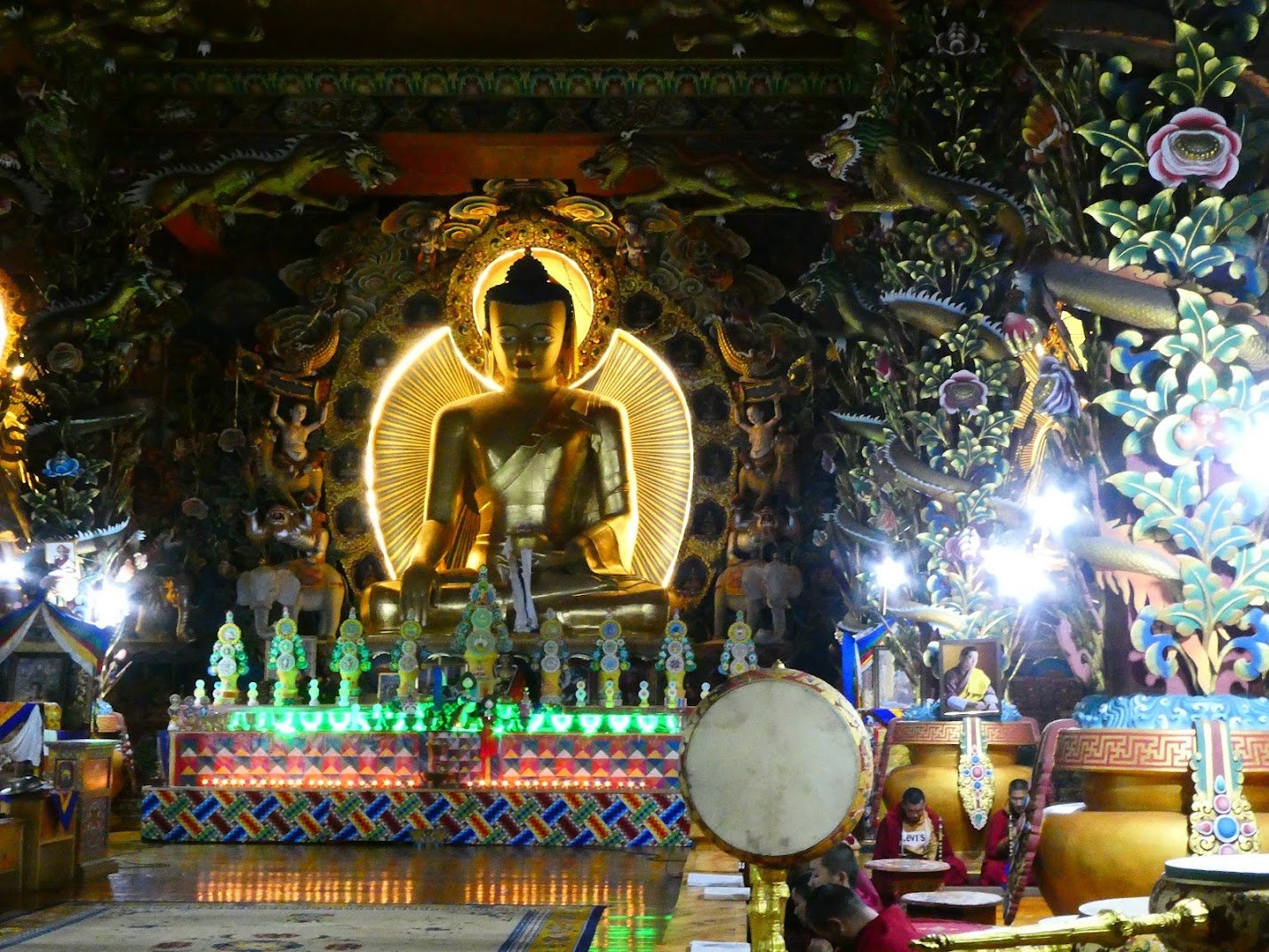 Golden Buddha inside an ornate monastery near Gangtey Lodge